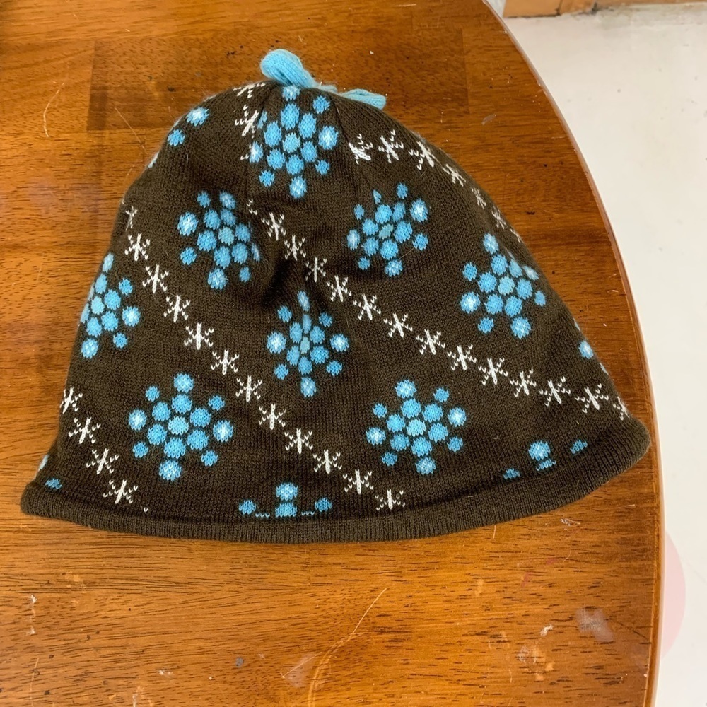 LL BEAN kids beanie hat fleece lined chocolate brown turquoise accent OSFM